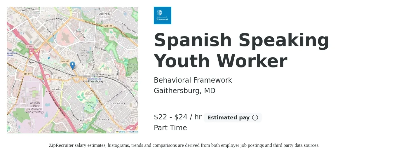 Behavioral Framework job posting for a Spanish Speaking Youth Worker in Gaithersburg, MD with a salary of $23 to $25 Hourly with a map of Gaithersburg location.