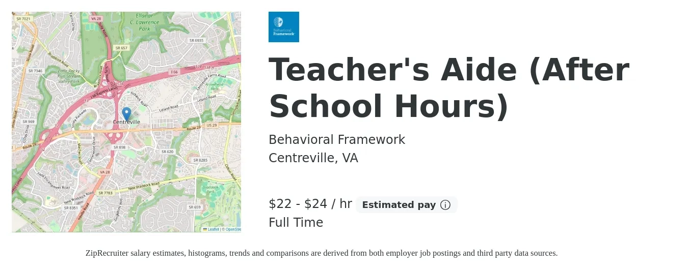 Behavioral Framework job posting for a Teacher's Aide (After School Hours) in Centreville, VA with a salary of $23 to $25 Hourly with a map of Centreville location.