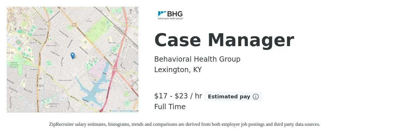 Behavioral Health Group job posting for a Case Manager in Lexington, KY with a salary of $17 to $22 Hourly with a map of Lexington location.