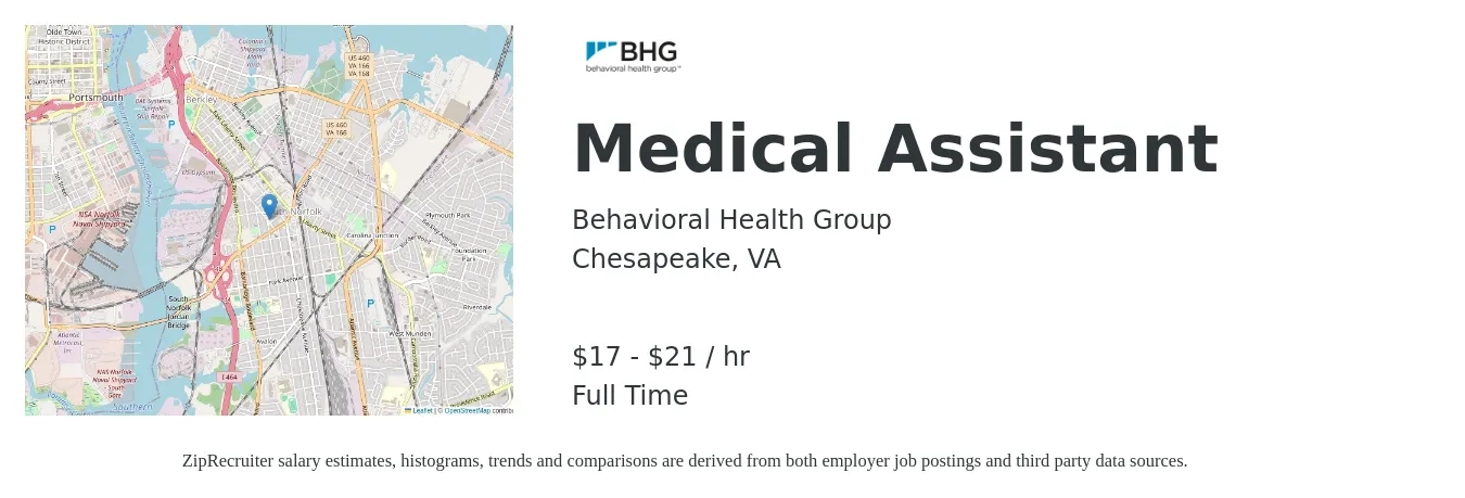 Behavioral Health Group job posting for a Medical Assistant in Chesapeake, VA with a salary of $18 to $22 Hourly with a map of Chesapeake location.