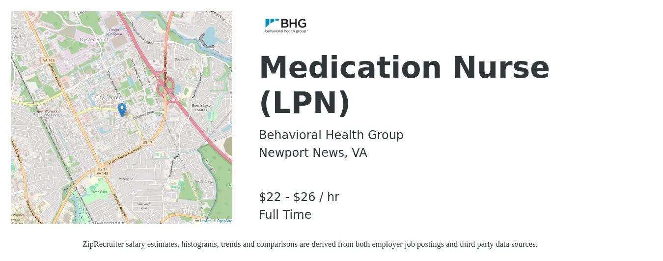 Behavioral Health Group job posting for a Medication Nurse (LPN) in Newport News, VA with a salary of $23 to $28 Hourly with a map of Newport News location.