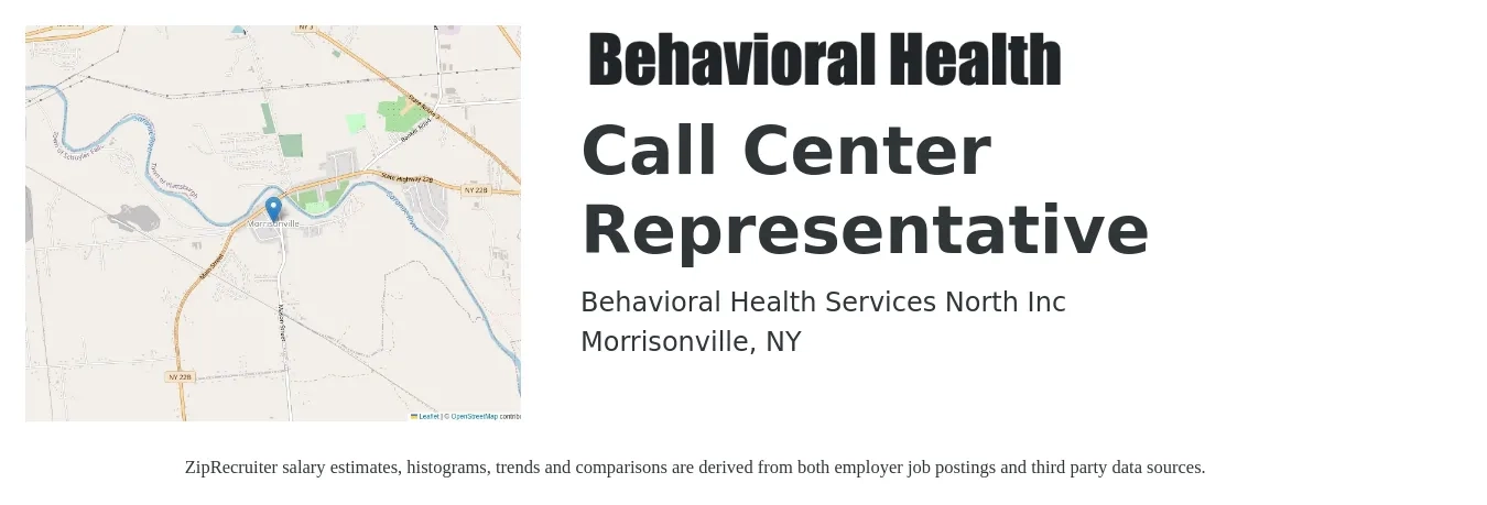 Behavioral Health Services North Inc job posting for a Call Center Representative in Morrisonville, NY with a salary of $18 to $19 Hourly with a map of Morrisonville location.