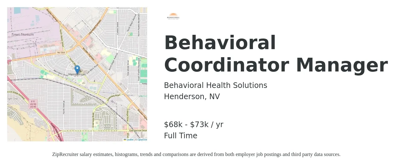 Behavioral Health Solutions job posting for a Behavioral Coordinator Manager in Henderson, NV with a salary of $68,000 to $73,000 Yearly with a map of Henderson location.