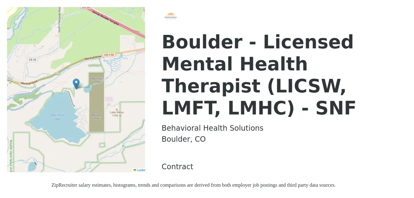 Behavioral Health Solutions job posting for a Boulder - Licensed Mental Health Therapist (LICSW, LMFT, LMHC) - SNF in Boulder, CO with a salary of $63,200 to $89,500 Yearly with a map of Boulder location.