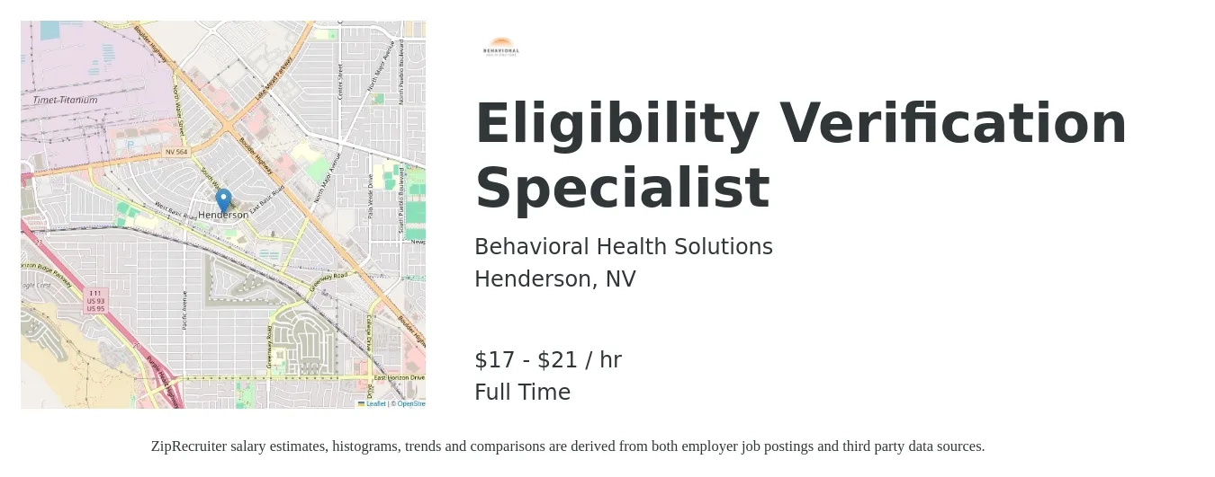 Behavioral Health Solutions job posting for a Eligibility Verification Specialist in Henderson, NV with a salary of $18 to $22 Hourly with a map of Henderson location.