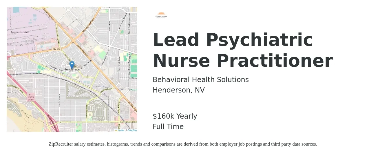 Behavioral Health Solutions job posting for a Lead Psychiatric Nurse Practitioner in Henderson, NV with a salary of $160,000 Yearly with a map of Henderson location.