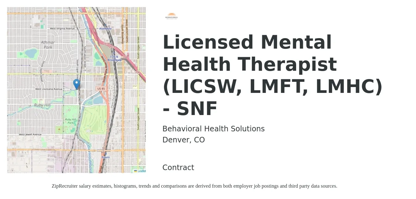 Behavioral Health Solutions job posting for a Licensed Mental Health Therapist (LICSW, LMFT, LMHC) - SNF in Denver, CO with a salary of $61,900 to $87,600 Yearly with a map of Denver location.