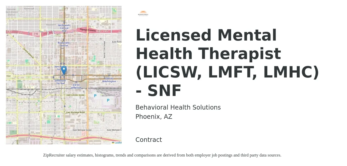 Behavioral Health Solutions job posting for a Licensed Mental Health Therapist (LICSW, LMFT, LMHC) - SNF in Phoenix, AZ with a salary of $59,600 to $84,400 Yearly with a map of Phoenix location.