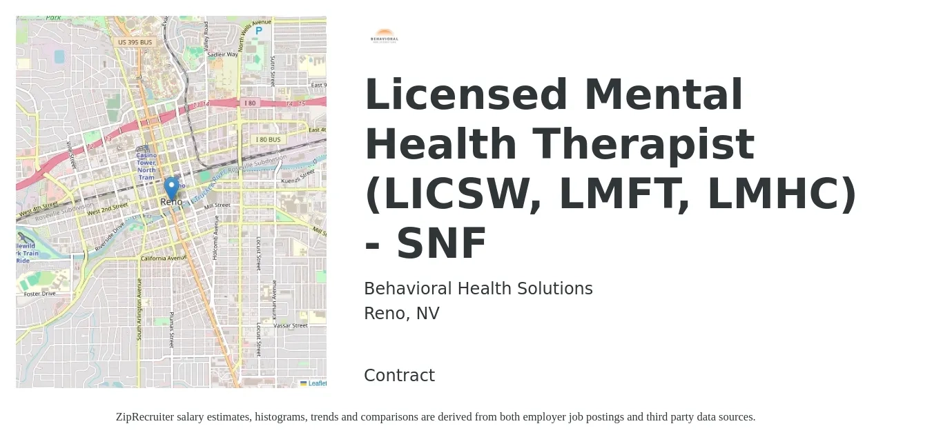 Behavioral Health Solutions job posting for a Licensed Mental Health Therapist (LICSW, LMFT, LMHC) - SNF in Reno, NV with a salary of $59,800 to $84,800 Yearly with a map of Reno location.