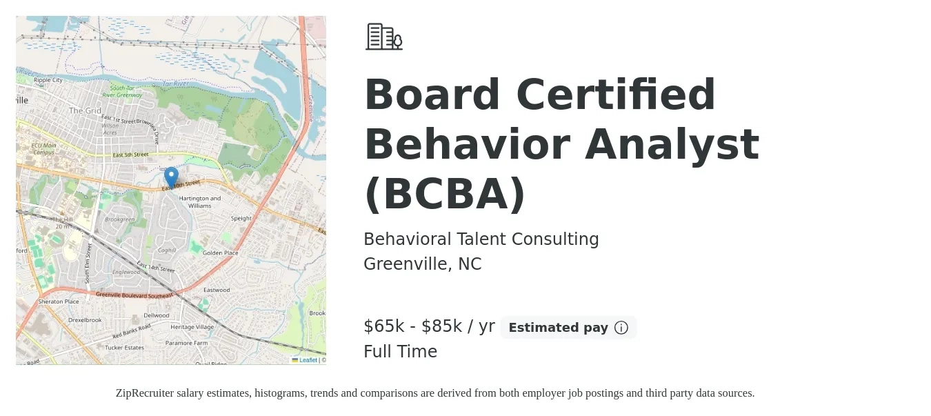 Behavioral Talent Consulting job posting for a Board Certified Behavior Analyst (BCBA) in Greenville, NC with a salary of $65,000 to $85,000 Yearly with a map of Greenville location.