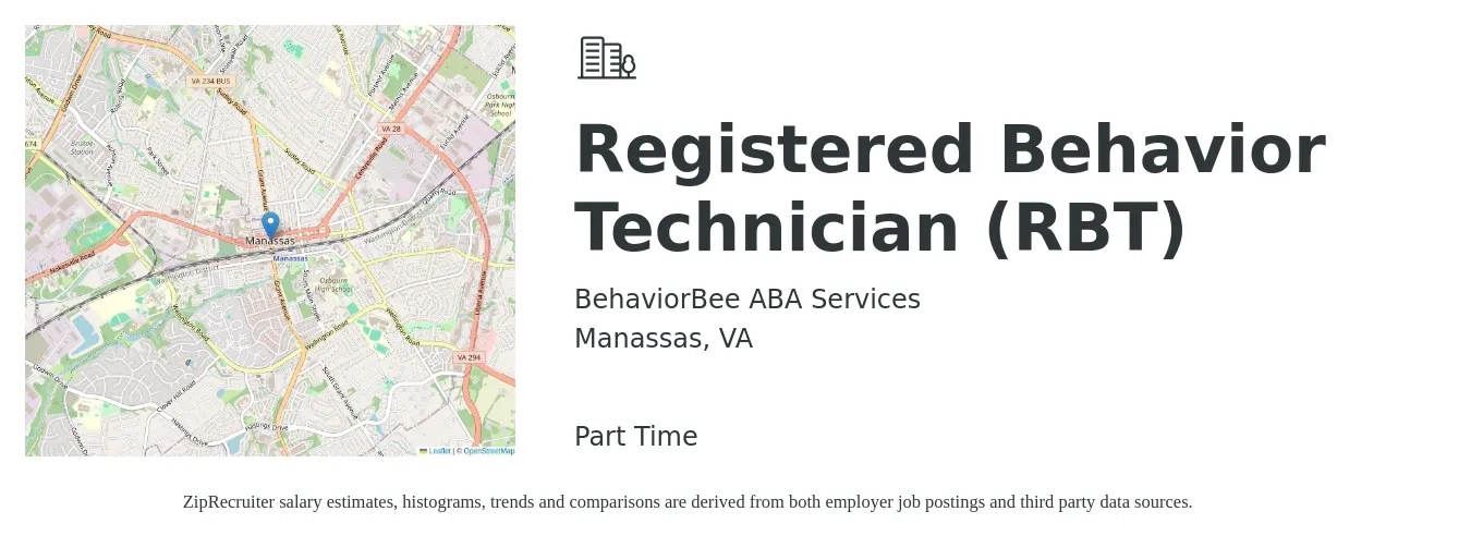 BehaviorBee ABA Services job posting for a Registered Behavior Technician (RBT) in Manassas, VA with a salary of $18 to $24 Hourly with a map of Manassas location.