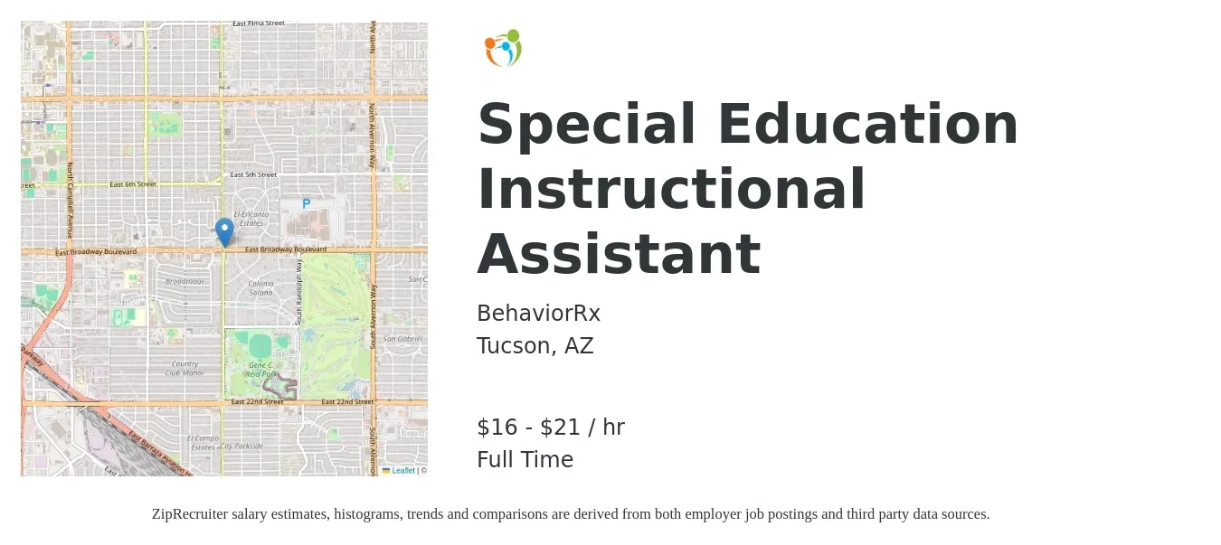 BehaviorRx job posting for a Special Education Instructional Assistant in Tucson, AZ with a salary of $17 to $22 Hourly with a map of Tucson location.