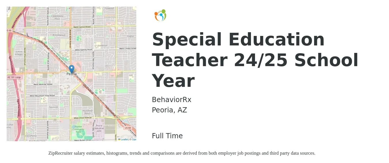 BehaviorRx job posting for a Special Education Teacher 24/25 School Year in Peoria, AZ with a salary of $49,100 to $64,800 Yearly with a map of Peoria location.