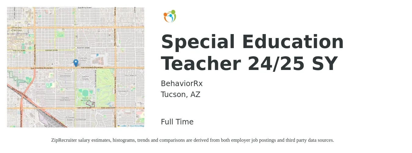 BehaviorRx job posting for a Special Education Teacher 24/25 SY in Tucson, AZ with a salary of $47,300 to $62,400 Yearly with a map of Tucson location.