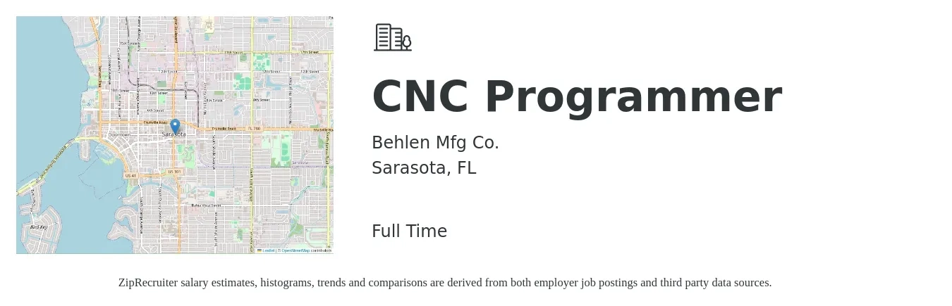 Behlen Mfg Co. job posting for a CNC Programmer in Sarasota, FL with a salary of $24 to $34 Hourly with a map of Sarasota location.