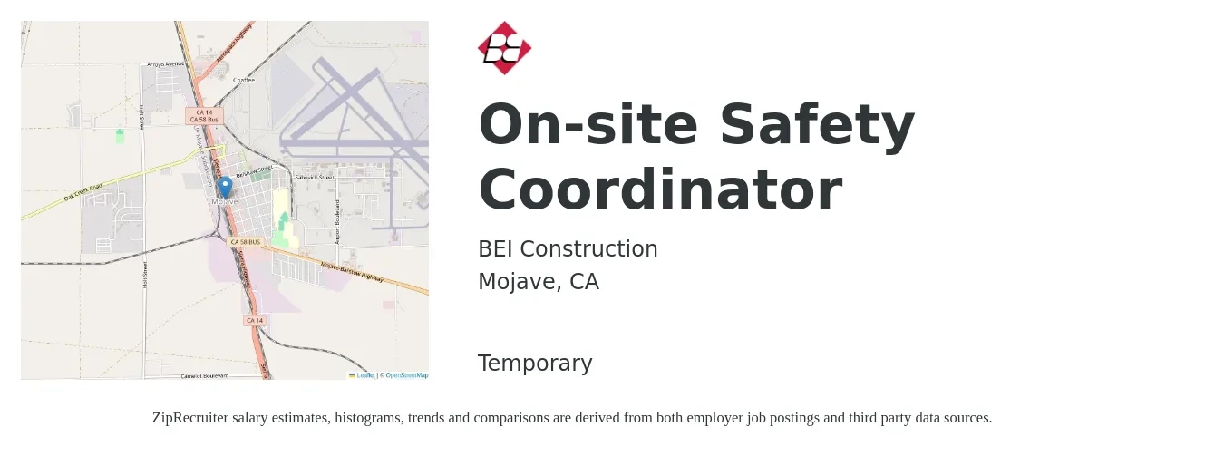 BEI Construction job posting for a On-site Safety Coordinator in Mojave, CA with a salary of $30 to $36 Hourly with a map of Mojave location.