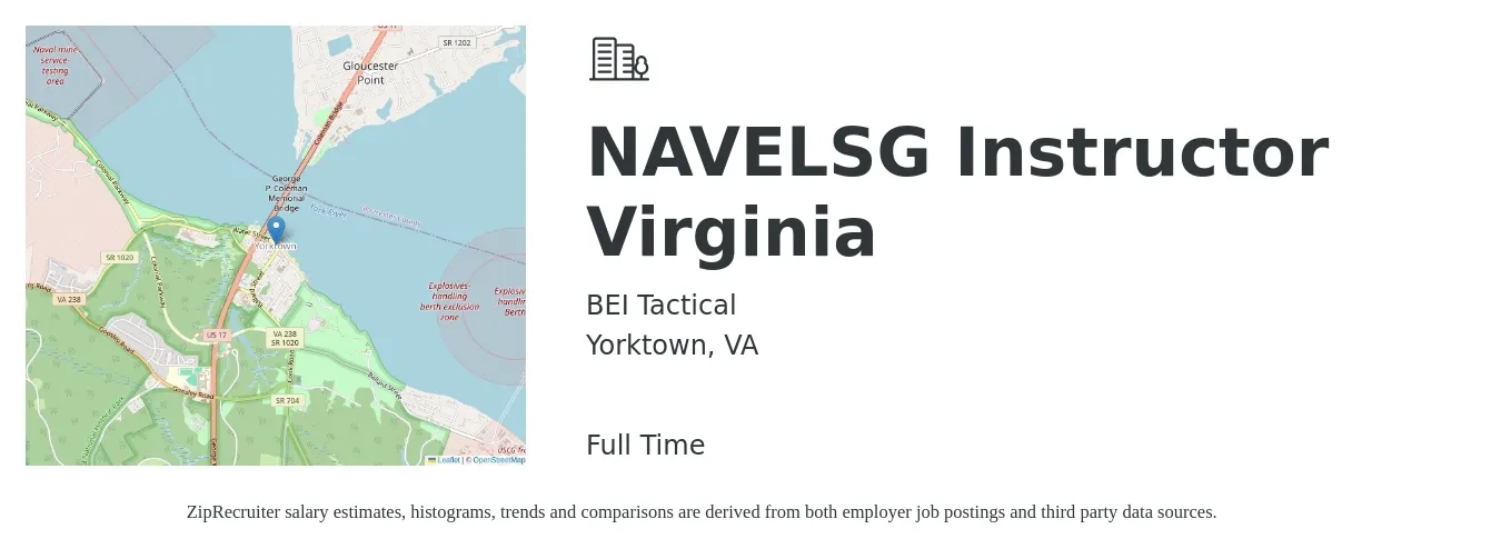 BEI Tactical job posting for a NAVELSG Instructor Virginia in Yorktown, VA with a salary of $16 to $20 Hourly with a map of Yorktown location.