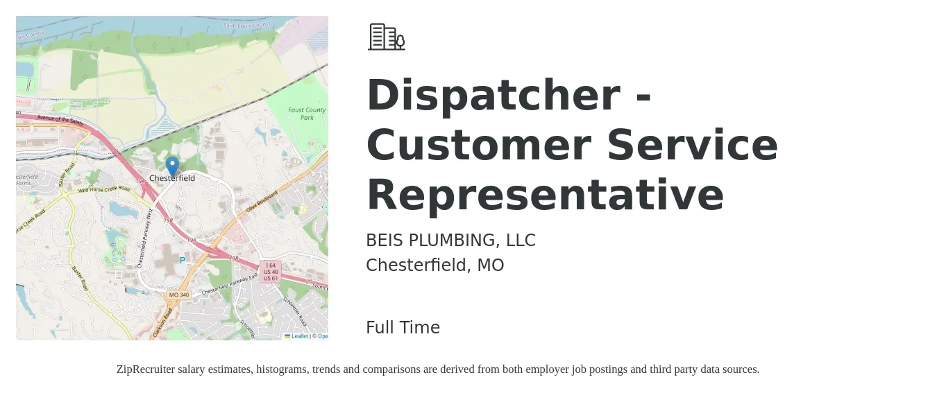 BEIS PLUMBING, LLC job posting for a Dispatcher - Customer Service Representative in Chesterfield, MO with a salary of $16 to $22 Hourly with a map of Chesterfield location.