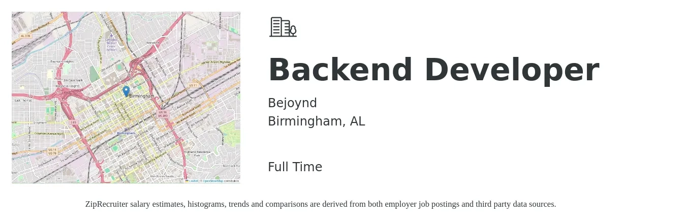 Bejoynd job posting for a Backend Developer in Birmingham, AL with a salary of $46 to $66 Hourly with a map of Birmingham location.