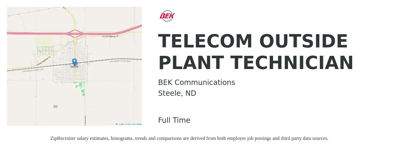 BEK Communications job posting for a TELECOM OUTSIDE PLANT TECHNICIAN in Steele, ND with a salary of $19 to $30 Hourly with a map of Steele location.
