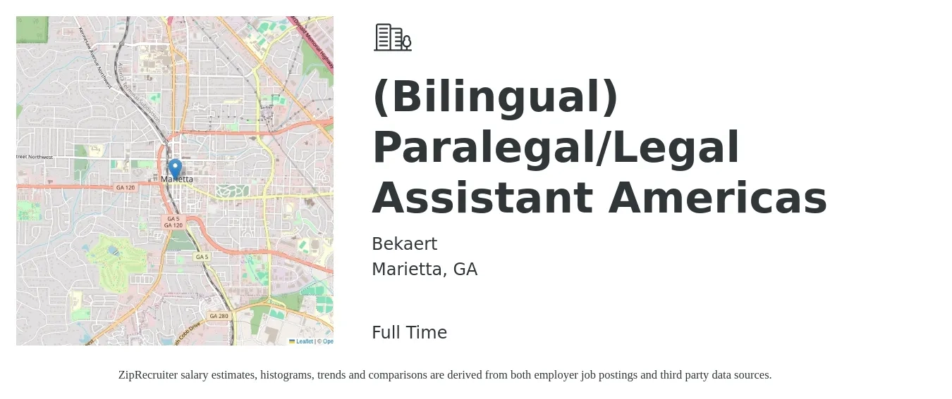 Bekaert job posting for a (Bilingual) Paralegal/Legal Assistant Americas in Marietta, GA with a salary of $38,400 to $52,600 Yearly with a map of Marietta location.