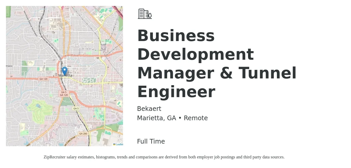 Bekaert job posting for a Business Development Manager & Tunnel Engineer in Marietta, GA with a salary of $57,800 to $94,800 Yearly with a map of Marietta location.