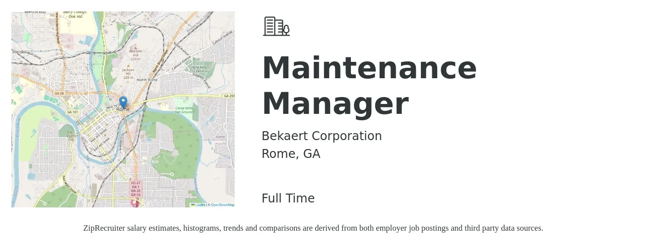 Bekaert job posting for a Maintenance Manager in Rome, GA with a salary of $24 to $40 Hourly with a map of Rome location.