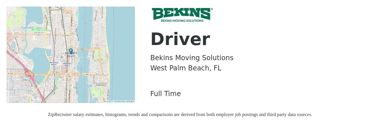 Bekins Moving Solutions job posting for a Driver in West Palm Beach, FL with a salary of $14 to $20 Hourly with a map of West Palm Beach location.