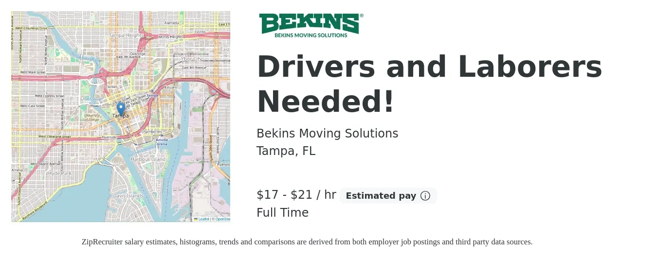 Bekins Moving Solutions job posting for a Drivers and Laborers Needed! in Tampa, FL with a salary of $18 to $22 Hourly (plus commission) and benefits including retirement with a map of Tampa location.