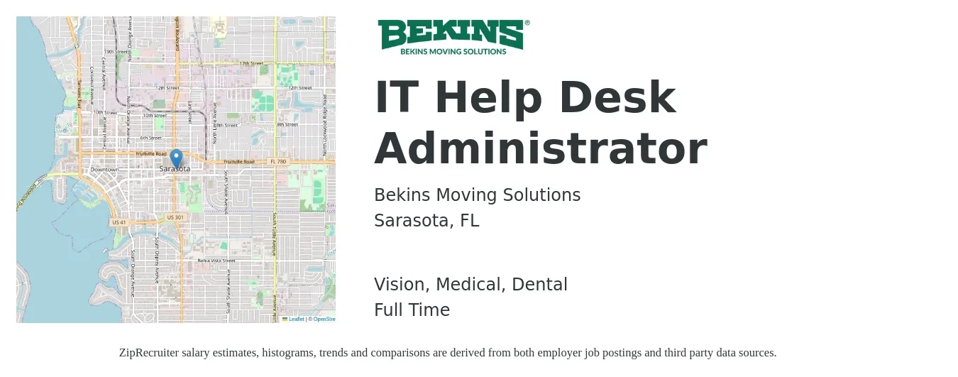 Bekins Moving Solutions job posting for a IT Help Desk Administrator in Sarasota, FL with a salary of $42,900 to $63,600 Yearly and benefits including medical, pto, retirement, vision, and dental with a map of Sarasota location.