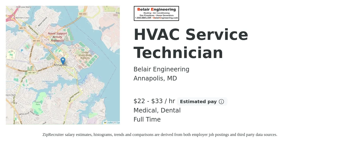 Belair Engineering job posting for a HVAC Service Technician in Annapolis, MD with a salary of $23 to $35 Hourly (plus commission) and benefits including retirement, dental, life_insurance, and medical with a map of Annapolis location.
