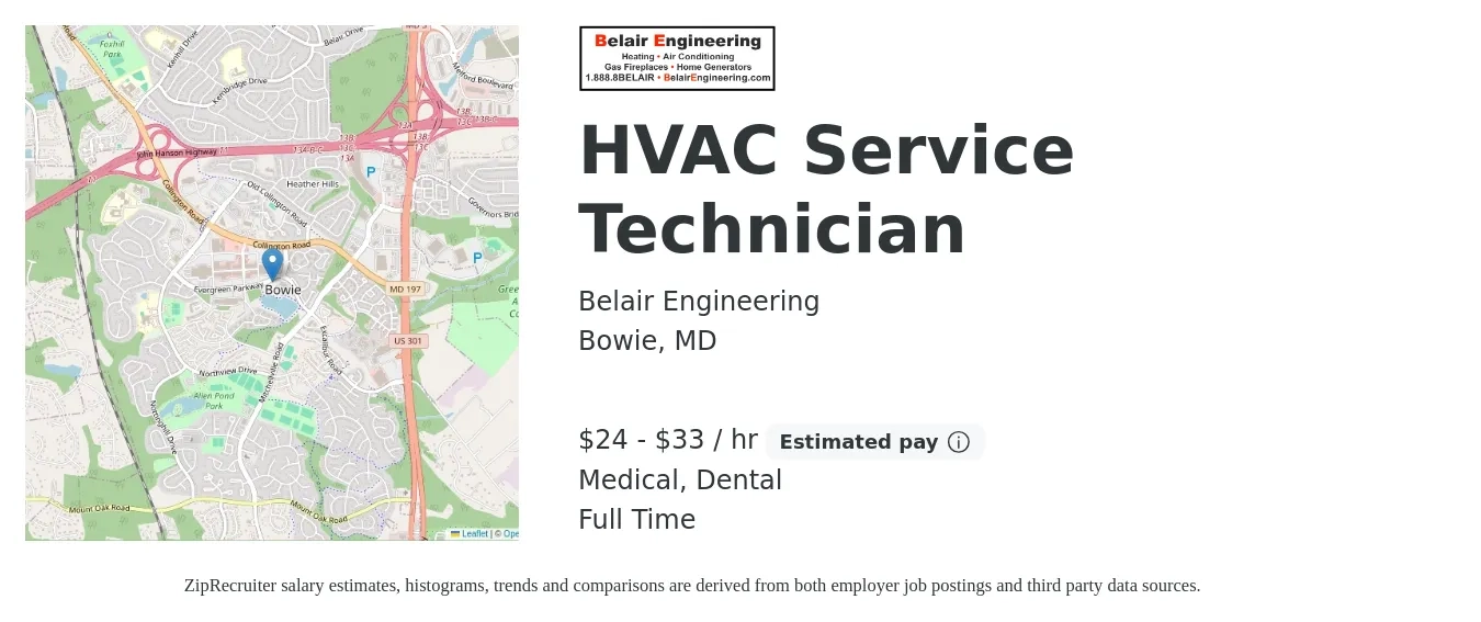 Belair Engineering job posting for a HVAC Service Technician in Bowie, MD with a salary of $25 to $35 Hourly (plus commission) and benefits including medical, retirement, dental, and life_insurance with a map of Bowie location.