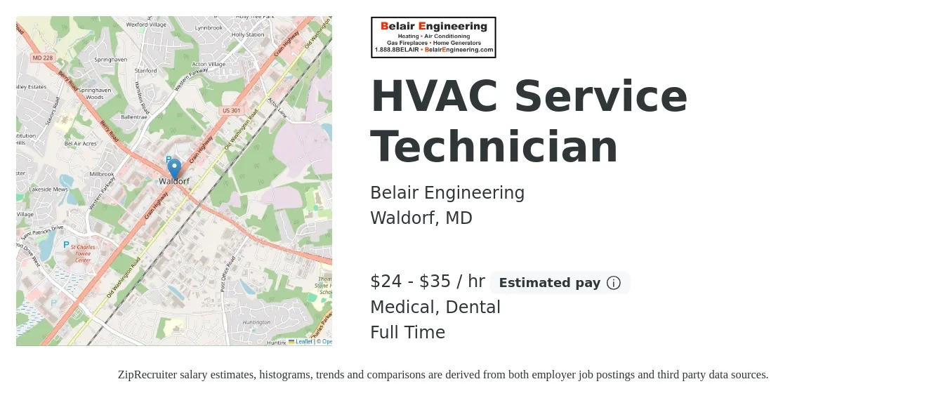 Belair Engineering job posting for a HVAC Service Technician in Waldorf, MD with a salary of $26 to $36 Hourly (plus commission) and benefits including life_insurance, medical, retirement, and dental with a map of Waldorf location.