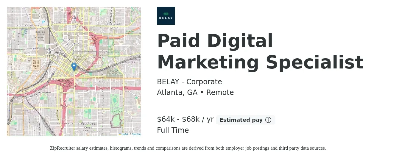 BELAY - Corporate job posting for a Paid Digital Marketing Specialist in Atlanta, GA with a salary of $64,000 to $68,000 Yearly with a map of Atlanta location.