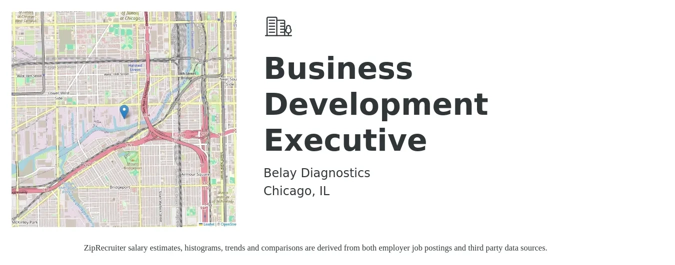 Belay Diagnostics job posting for a Business Development Executive in Chicago, IL with a salary of $64,900 to $103,000 Yearly with a map of Chicago location.