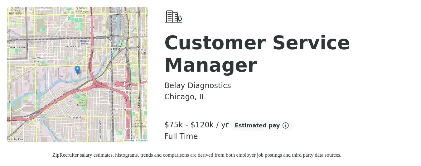 Belay Diagnostics job posting for a Customer Service Manager in Chicago, IL with a salary of $75,000 to $120,000 Yearly with a map of Chicago location.
