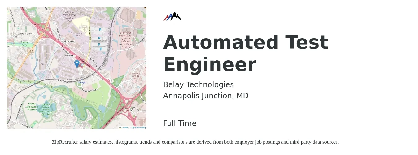 Belay Technologies job posting for a Automated Test Engineer in Annapolis Junction, MD with a salary of $38 to $60 Hourly with a map of Annapolis Junction location.