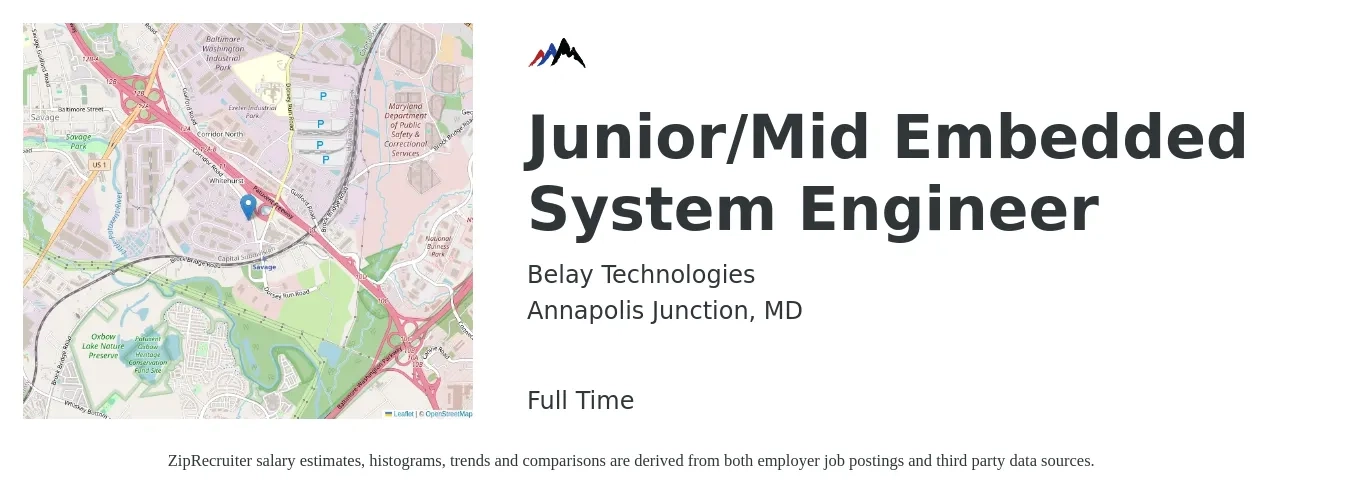 Belay Technologies job posting for a Junior/Mid Embedded System Engineer in Annapolis Junction, MD with a salary of $68,700 to $96,100 Yearly with a map of Annapolis Junction location.