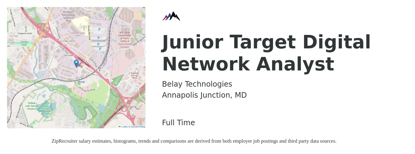 Belay Technologies job posting for a Junior Target Digital Network Analyst in Annapolis Junction, MD with a salary of $26 to $40 Hourly with a map of Annapolis Junction location.