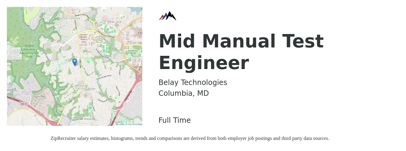 Belay Technologies job posting for a Mid Manual Test Engineer in Columbia, MD with a salary of $34 to $54 Hourly with a map of Columbia location.