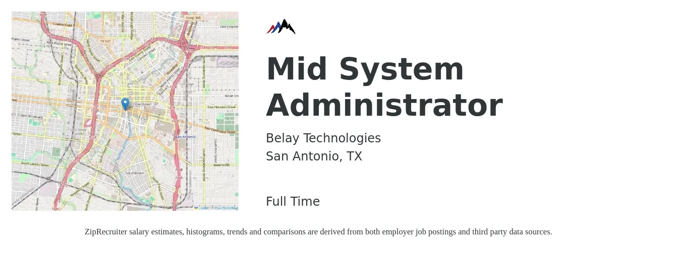 Belay Technologies job posting for a Mid System Administrator in San Antonio, TX with a salary of $63,100 to $93,800 Yearly with a map of San Antonio location.