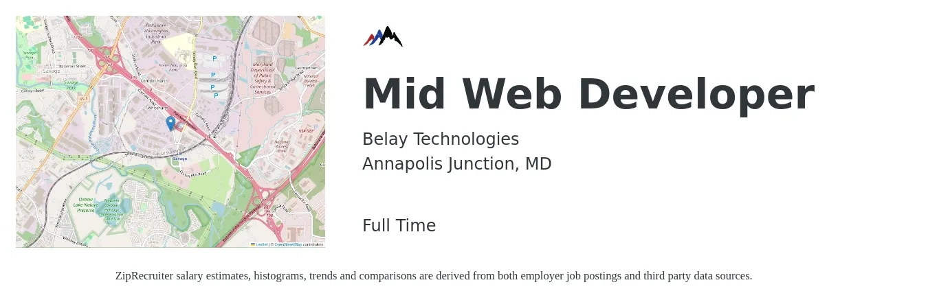 Belay Technologies job posting for a Mid Web Developer in Annapolis Junction, MD with a salary of $40 to $62 Hourly with a map of Annapolis Junction location.