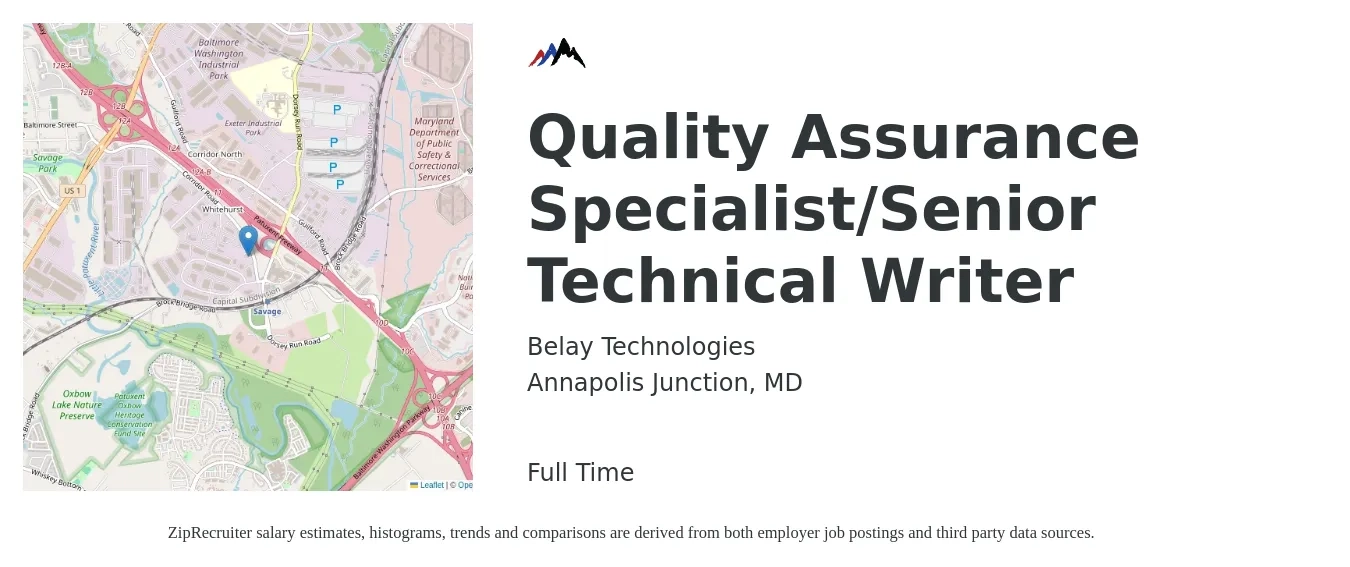 Belay Technologies job posting for a Quality Assurance Specialist/Senior Technical Writer in Annapolis Junction, MD with a salary of $89,000 to $136,200 Yearly with a map of Annapolis Junction location.