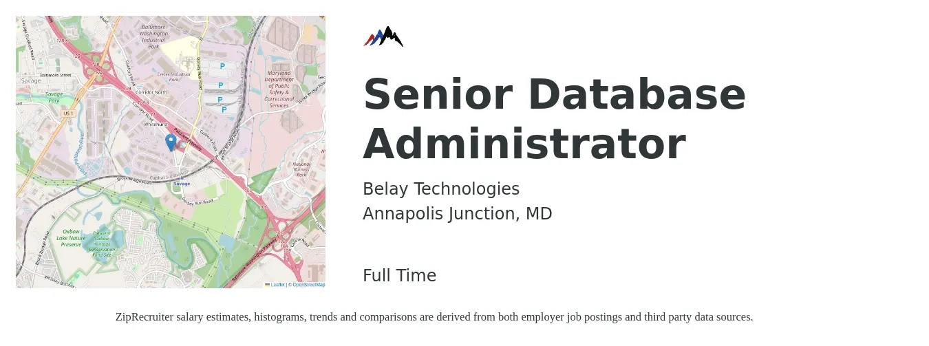 Belay Technologies job posting for a Senior Database Administrator in Annapolis Junction, MD with a salary of $55 to $75 Hourly with a map of Annapolis Junction location.