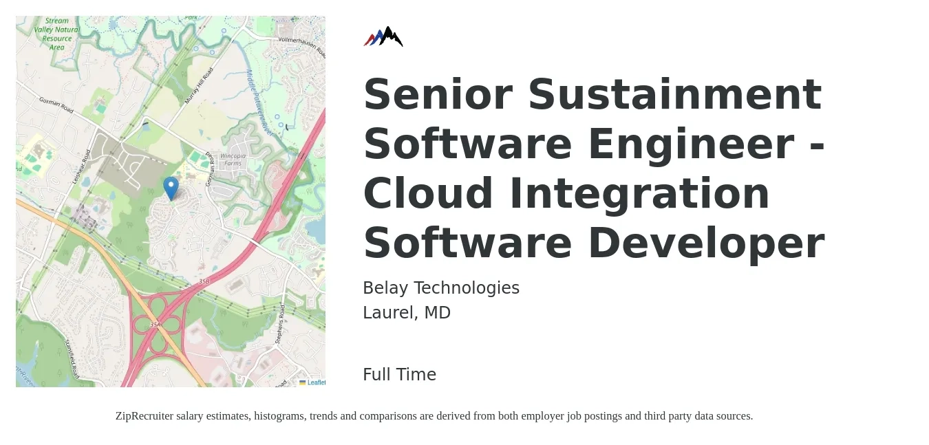 Belay Technologies job posting for a Senior Sustainment Software Engineer - Cloud Integration Software Developer in Laurel, MD with a salary of $103,100 to $138,800 Yearly with a map of Laurel location.