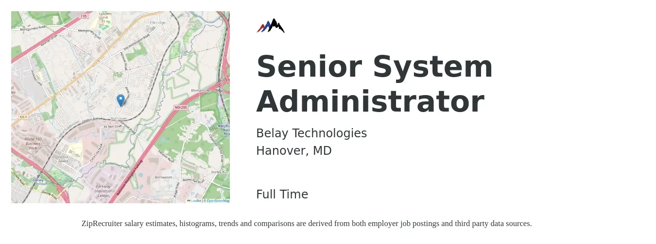 Belay Technologies job posting for a Senior System Administrator in Hanover, MD with a salary of $85,600 to $115,900 Yearly with a map of Hanover location.