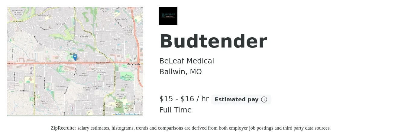 BeLeaf Medical job posting for a Budtender in Ballwin, MO with a salary of $16 to $17 Hourly with a map of Ballwin location.