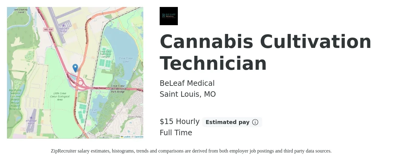 BeLeaf Medical job posting for a Cannabis Cultivation Technician in Saint Louis, MO with a salary of $16 Hourly with a map of Saint Louis location.