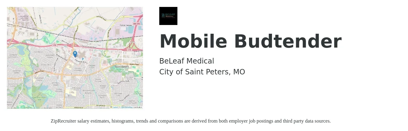 BeLeaf Medical job posting for a Mobile Budtender in City of Saint Peters, MO with a salary of $18 Hourly with a map of City of Saint Peters location.