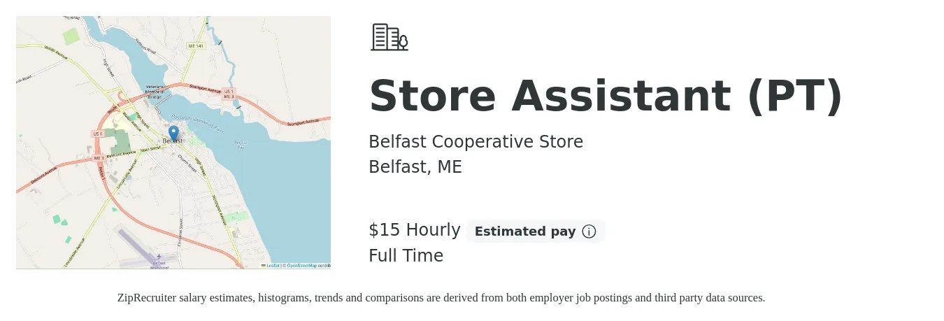 Belfast Cooperative Store job posting for a Store Assistant (PT) in Belfast, ME with a salary of $16 Hourly with a map of Belfast location.